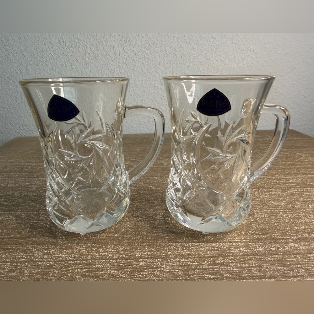 Irena Crystal Pair 2 Irish Coffee Mugs Starburst Pattern Poland Original Sticker